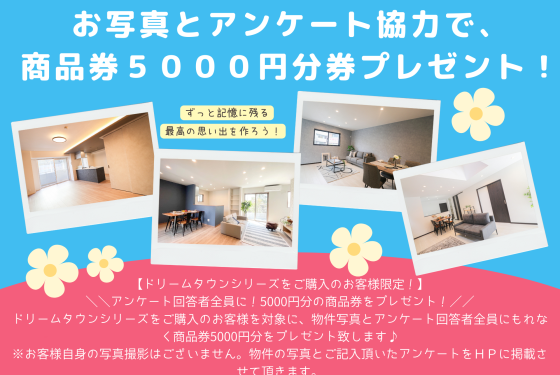 【ドリームタウンシリーズをご購入のお客様限定】アンケート回答者全員に！5,000円分の商品券をプレゼント！