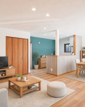 緑の壁紙がアクセントのお家