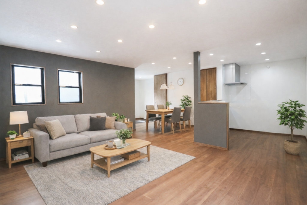 グレーの壁紙が高級感を出し落ち着く空間に。